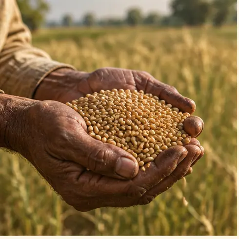 A farmer holding a handful of grain